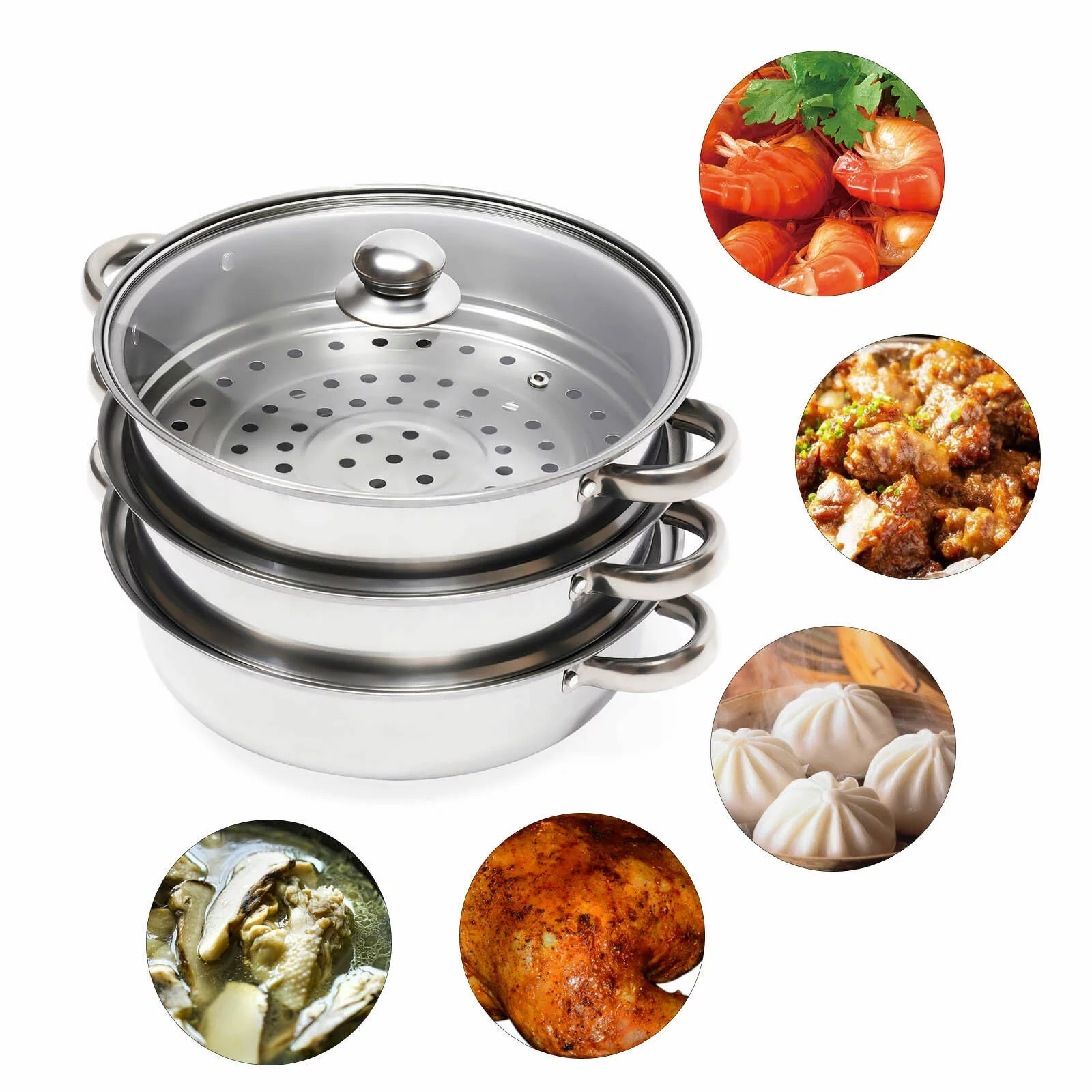Fichiouy Chinese Steamer 3 Tier Food Steamer Vegetable Rice Meat Cooker Kitchen Cookware Hot Pot W/Lid