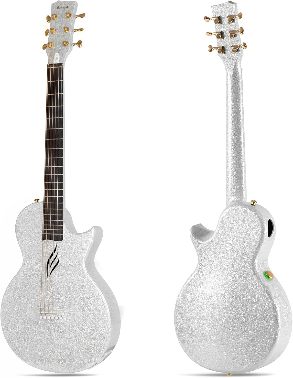 Enya NOVA Go SP1 Carbon Fiber Acoustic Electric Guitar with Smart AcousticPlus 35 Inch Travel Acustica Guitarra Starter Bundle Kit of Gig Bag, Strap, Strings, Instrument Cable(Sparkling Silver)