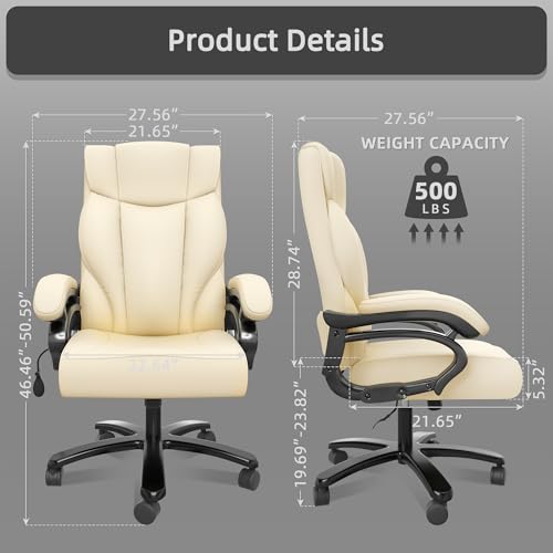 500LBS Big and Tall Executive Office Chair, Wide Seat Heavy Duty Leather Office Chair with Lumbar Support and Comfy Arms, Ergonomic High Back Computer Desk Chair for Home Office (Black)