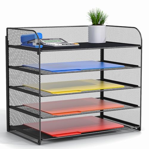 5 Tier Paper Organizer,Paper Tray Organizer for Desk,File Holder/Sorter,Legal Size/A4,File Folders Shelf Organizer for Office,School,Home,Solid Steel,Mesh,Sturdy,Leakproof,Large Capacity 1pc