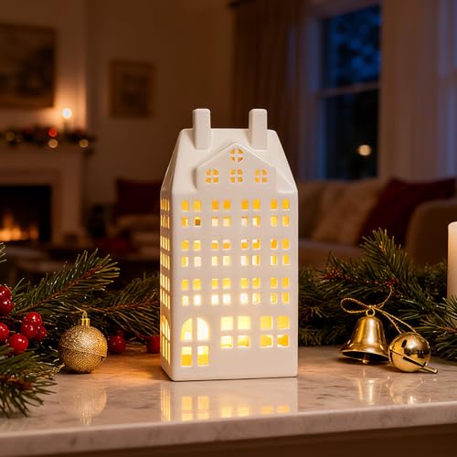 DN DECONATION Light Up Christmas Decor Village Sets, White Ceramic House with Lights, Modern Christmas Town Building Decorations, Winter Porcelain Village Xmas Decor for Tabletop Centerpiece Inside