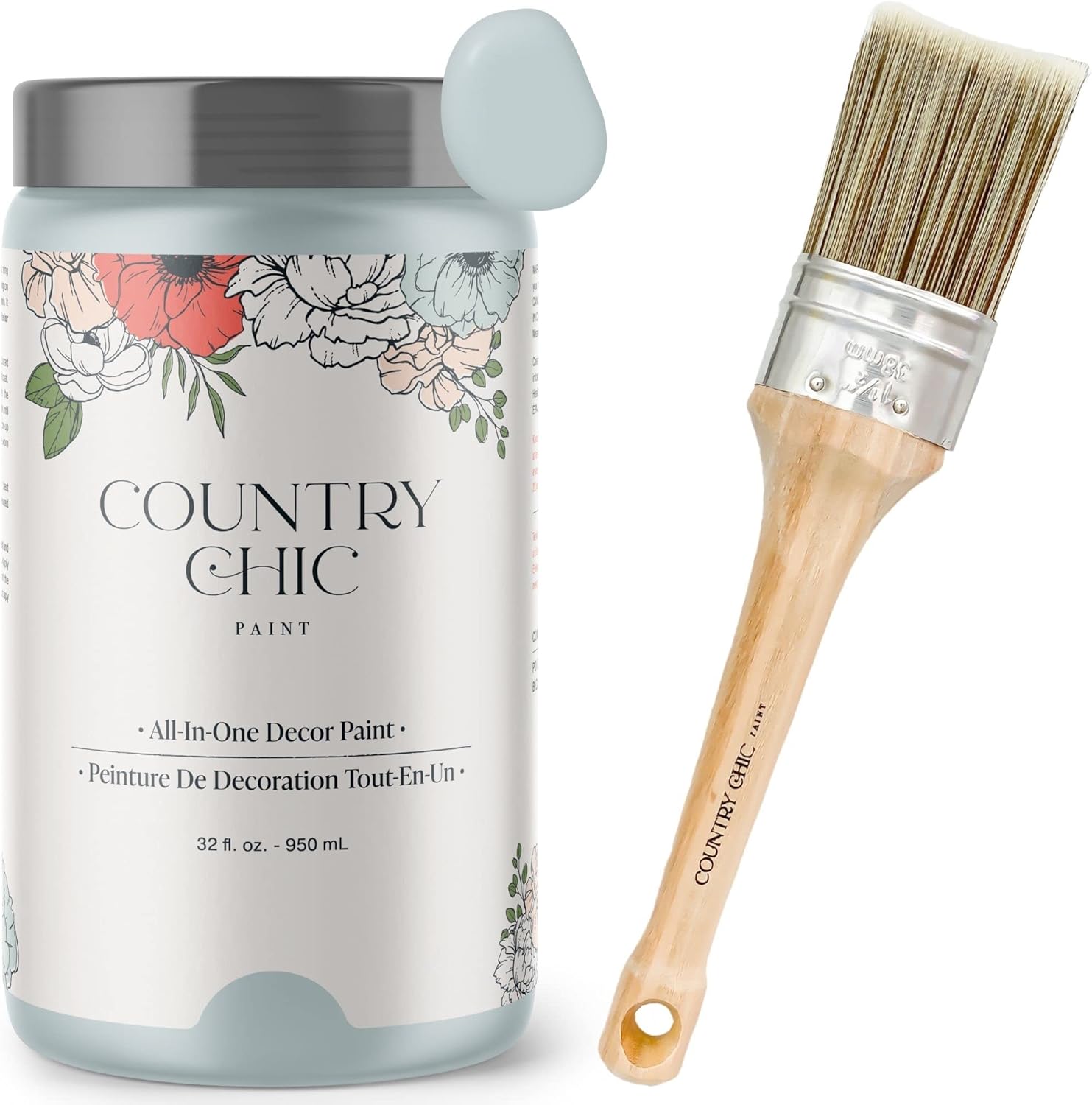 Chalk Style Paint + Paint Brush Bundle - for Furniture, Home Decor, Crafts (Color: Belle of the Ball [quart - 32 oz] - Light Blue)