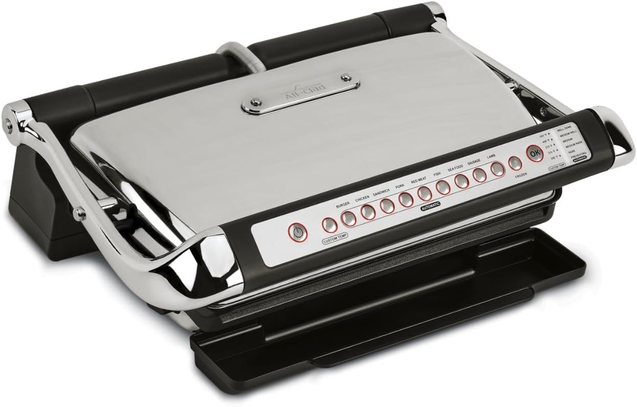 All-Clad AutoSense Stainless Steel Indoor Grill, Panini Press XL Automatic Cooking 1800 Watts Smokeless, Removable Plates, Dishwasher Safe
