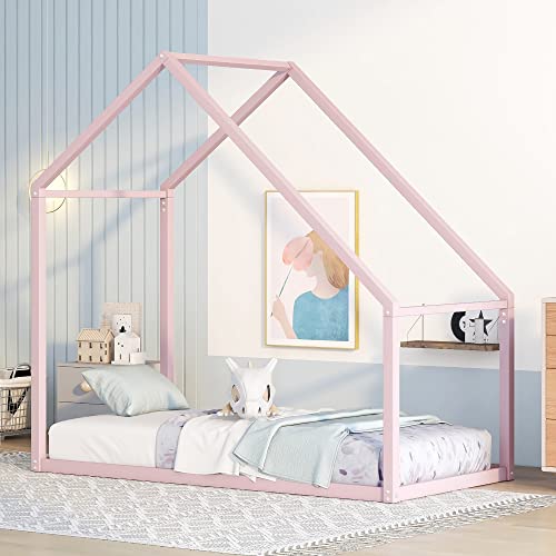 Merax Kids Metal Montessori Day Beds with Trundle Twin, Platform Bed Frame for Kids,Boys,Girls, No Box Spring Need, Space Saving(Twin, White)