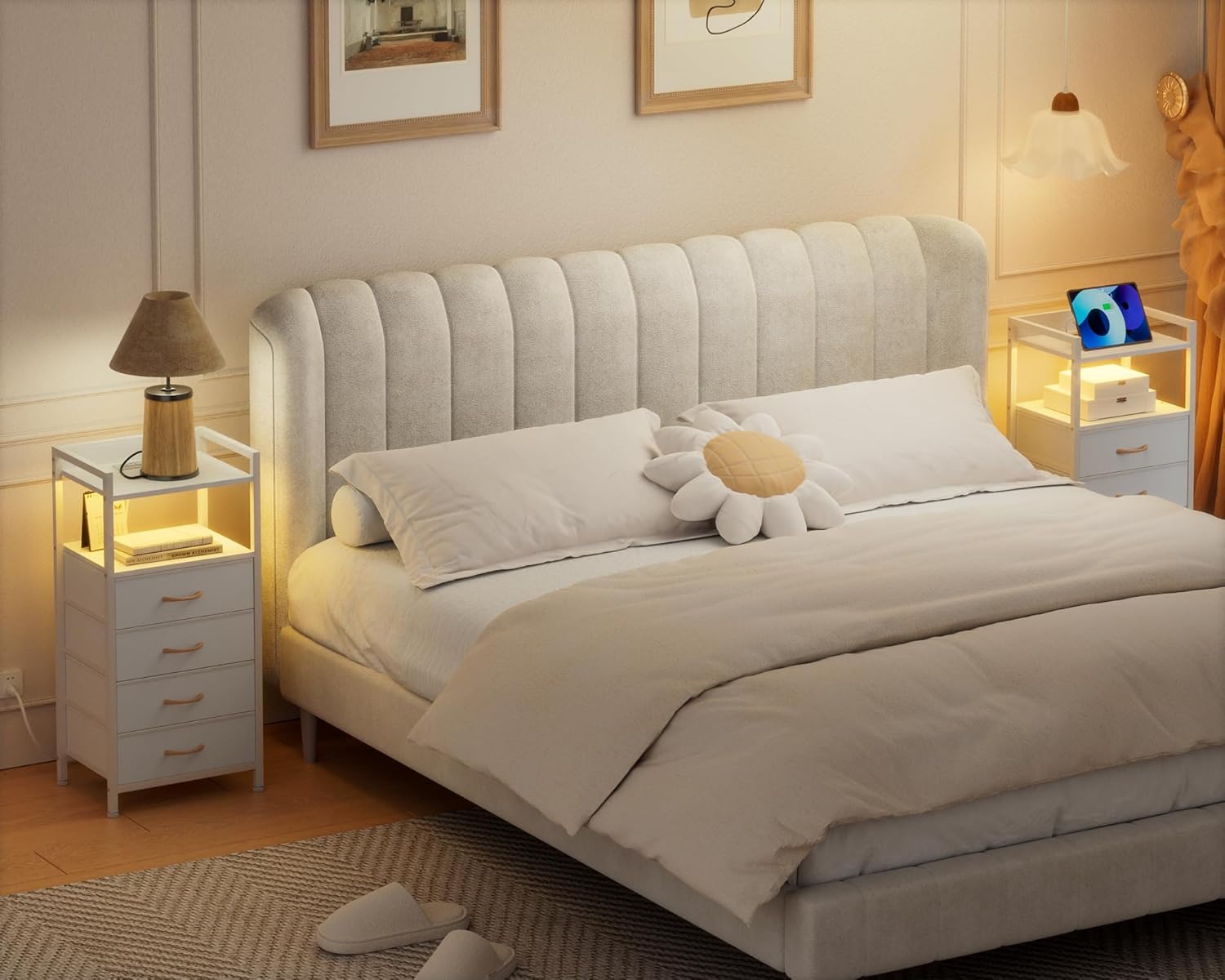 Furnulem Nightstand with 4 Storage Drawer, Tall Dresser for Bedroom with Led Light and Charging Station, Side Table Nightstand for Closet, Fabric Bins, Metal Frame, Wood Shelf