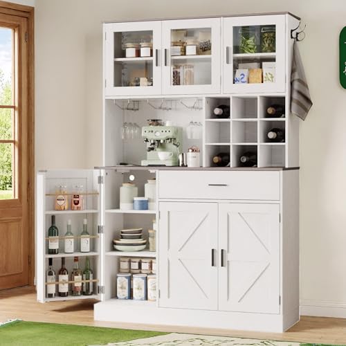 ANCTOR Kitchen Hutch Cabinet with Storage Tall Pantry Storage Cabinet with Glass Doors, Power Outlet, Microwave Stand, Adjustable Shelves, Drawer, Tall Wine Cabinet for Living Room Dining Room, White