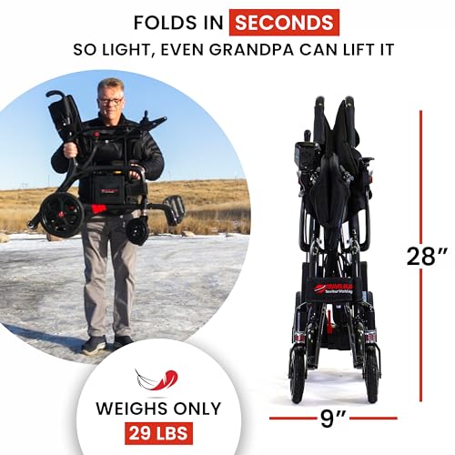AEROLUX by Travel Buggy - Premium Foldable Carbon Fiber Wheelchair - Ultra Lightweight Wheelchair Weighs Only 29 lbs - Holds up to 300 lbs - Airplane Friendly - Compact Power Chair (Black)