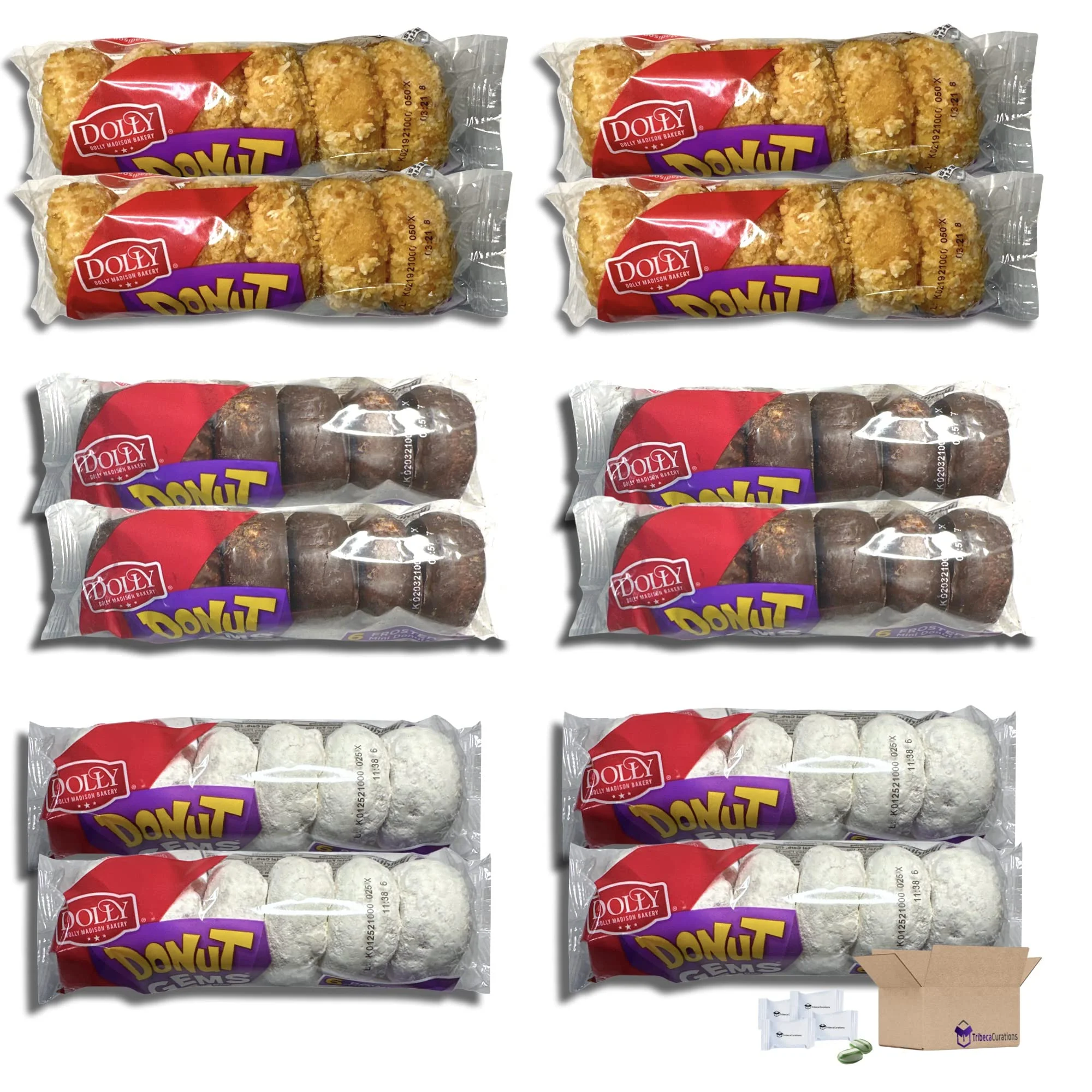 Tribeca Curations | Dolly Madison Donut Gems Mini Donuts Donettes Variety Pack | 12 Packs (72 Donuts)