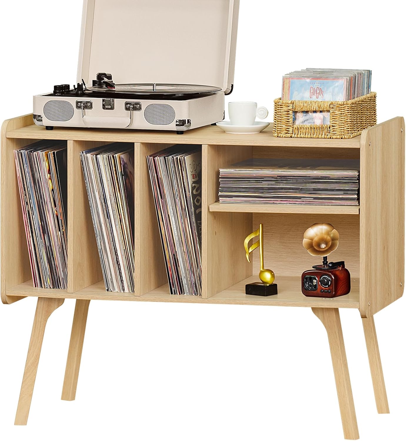 Lerliuo Record Player Stand with 4 Cabinet Holds Up to 220 Albums, Large Turntable Stand with Beech Wood Legs, Mid-Century Record Player Table,Natural Vinyl Holder Storage Shelf for Living Room