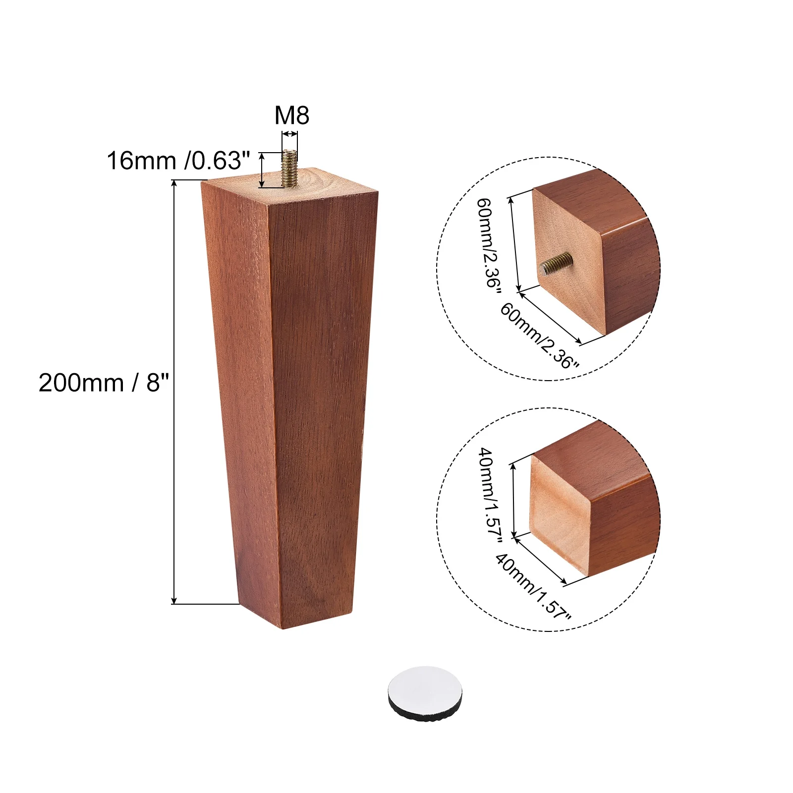 Uxcell Furniture Legs 8 Inch(200mm) Set of 4 Square Solid Wood Couch Legs, with Accessories, Brown