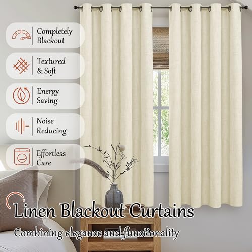Cream 100% Blackout Linen Curtains for Living Room 84 Inch Length 2 Panels Set, Faux Linen Thermal Insulated Light Blocking Curtains for Bedroom, Bronze Grommet Boho Window Drape Each 52