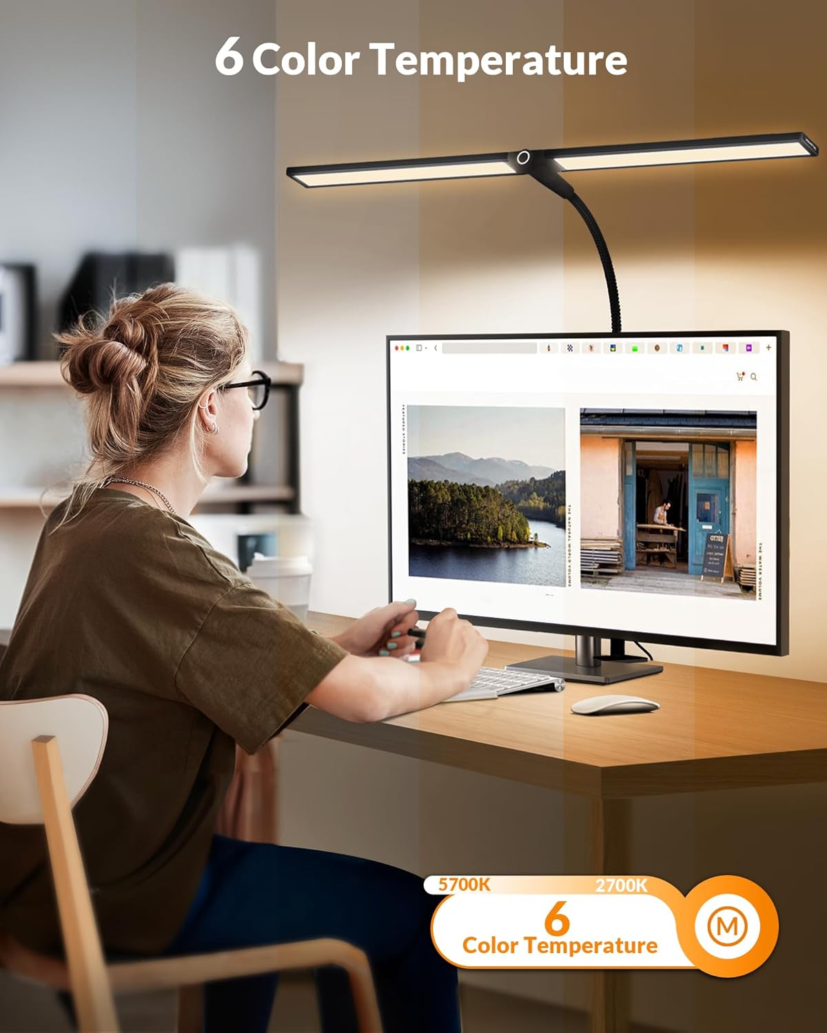 Desk Lamp, 1200LM Desk Lamps for Home Office, Double Head LED Bright Light with Clamp, 60 Lighting Modes, Remote Control Eye-Caring Gooseneck Architect Lamp for Dual Computer Monitor-Black