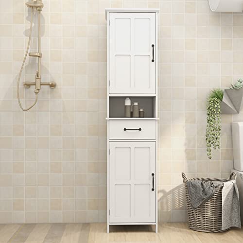 Double Door Narrow Height Slim Floor Standing Cabinet,Tall Bathroom Storage Cabinet with Open Shelves and one Drawer, Freestanding Cabinet,Bathroom Storage for Home, Kitchen, Living Room