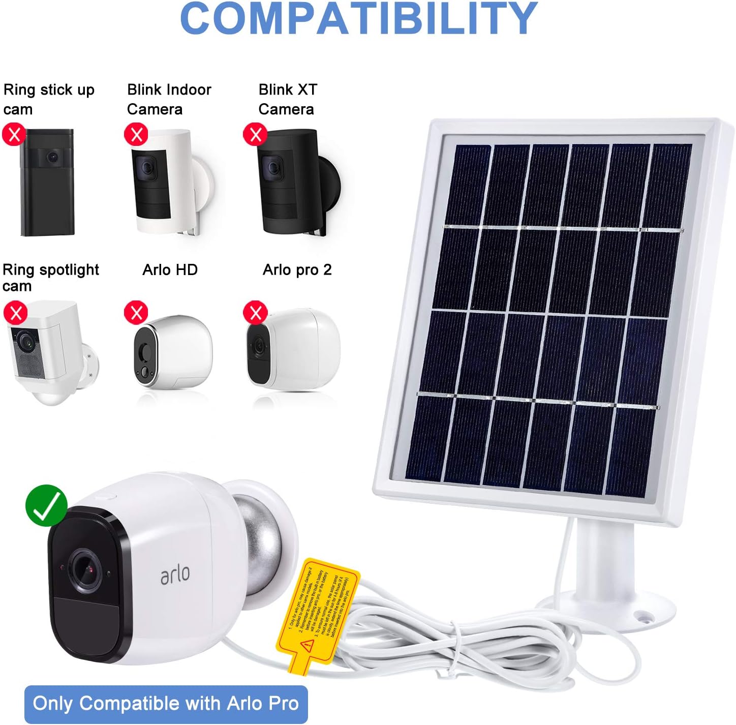 Solar Panel Only Compatible with Arlo Pro, Waterproof Arlo Accessory to Power Arlo Pro Outdoor Security Camera Continuously with Adjustable Mount Bracket, 12 Feet/ 3.6 m Cable (2 Pack)