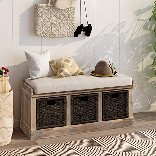 Knocbel Home Collection Wicker Storage Bench, Wood Entry Hallway Bedroom Bench Cabinet with Cushion, 3-Drawer and 3 Woven Baskets, Fully Assembled, 20.2