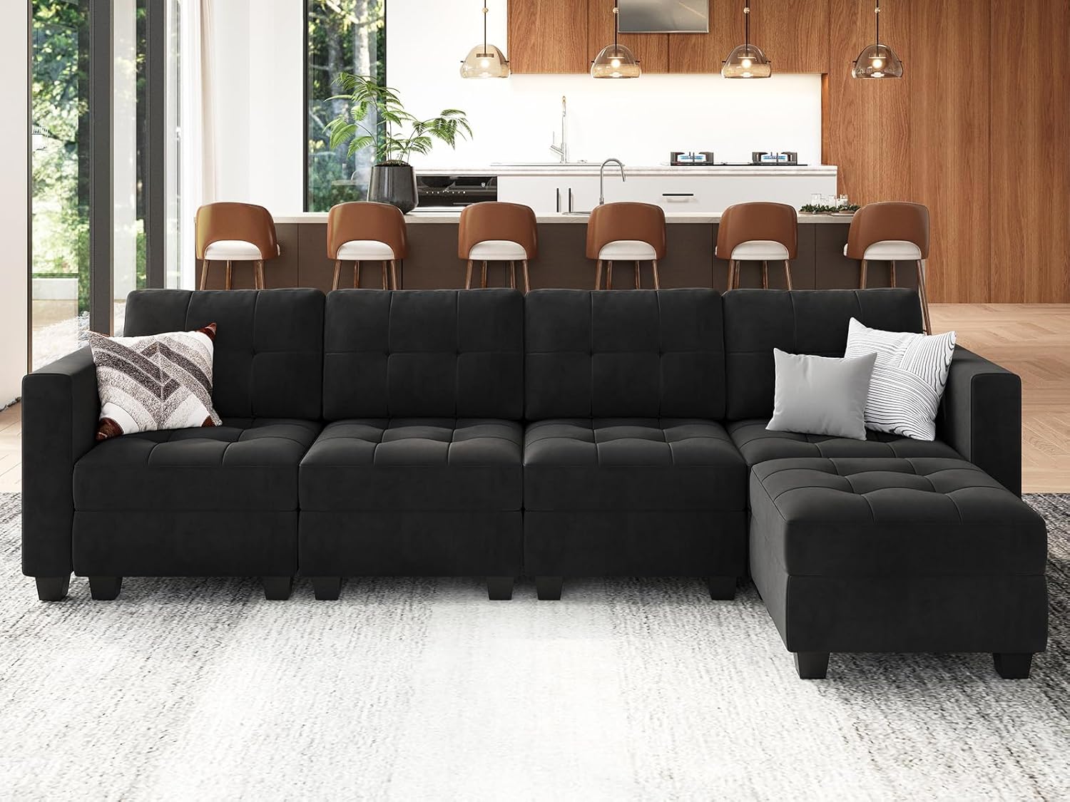 Belffin Modular Sectional Sofa Couch with Storage Seats and Ottomans, Velvet Convertible Sofa with Reversible Chaise, 5 Piece Sofa Sectionals, L Shaped Sleeper Couch, Black