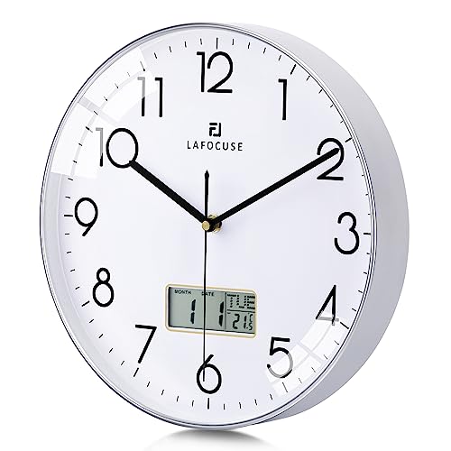 Lafocuse Black Wall Clock with Date,Month,Day of Week and Temperature, Silent Non-Ticking Battery Operated Clock for Living Room Bedroom Office Decor