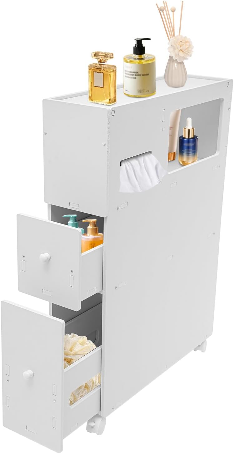 Bathroom Cabinet,Bathroom Storage Cabinet,Rolling Narrow Bathroom Storage Cabinet,Slim Bathroom Storage Cabinet for Home,Bathroom,White