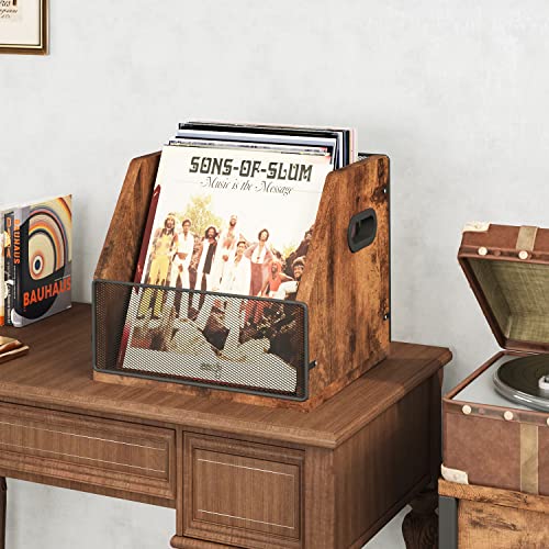 Homeiju Vinyl Record Storage, Record Box Case Crate, Vinyl Record Album Holder, Desktop Metal & Wooden LP Record Crate, Holds up to 60 Records（Patent No.D1024563
