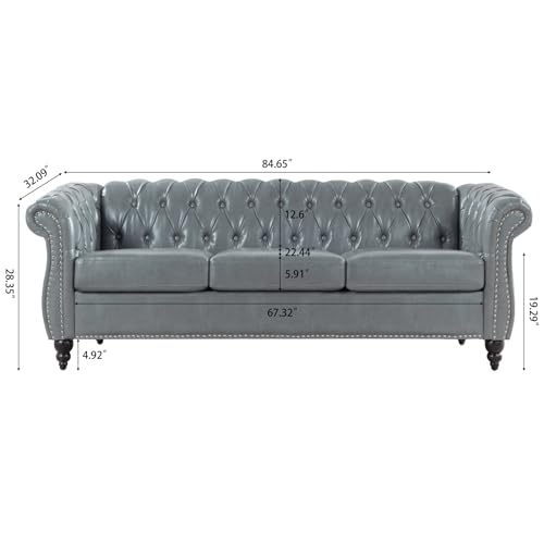 Couch, 3 Seater Sofa, Comfy PU Rolled Arm Chesterfield Couch, 84.65