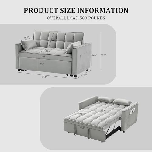 3 in 1 Convertible Sleeper Sofa Bed, Multi-Functional Velvet Sleeper Couch Pull-Out Bed, Loveseat Chaise Lounge with Adjustable Backrest, Two Seat Sofa for Living Room, Small Space, Gray