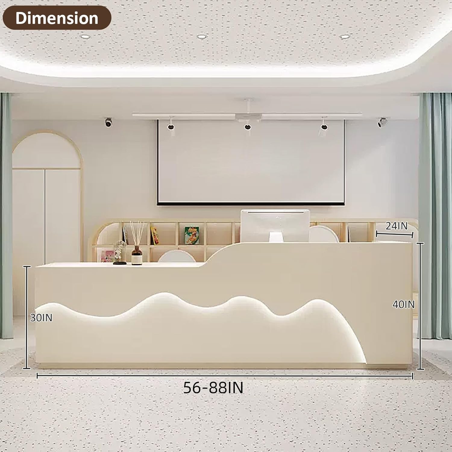 Modern Reception Desk - Custom Logo & LED Light | Front Table Equipped Lockers & Storage Shelves, Front Desk Reception Room Table for Checkout, Lobby, Salon, Retail, Store Shop Clinic Office (64'')