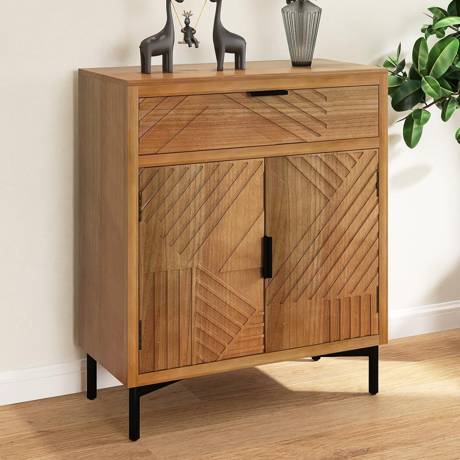 Hand-Carved Sideboard Buffet Cabinet, Storage Cabinet with 1 Drawer and 2-Doors, MDF Buffet Cabinet with Storage, Coffee Bar Cabinet Buffet Table for Living Room, Entryway, Dining Room, Vintage Brown