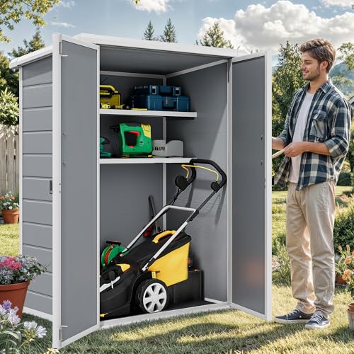 DWVO 60 Cuft Outdoor Tall Storage Shed with 2 Shelves, Weatherproof Vertical Tool Shed with Floor & Lockable Doors, Sturdy Double-Wall Plastic Cabinet for Garbage Cans and Garden Equipment (Gray)
