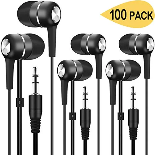 Bulk Earbuds Headphones 100 Pack, Wholesale Disposable Ear Buds Bulk Earphones for Classroom,School,Kids,Libraries,Museums (B