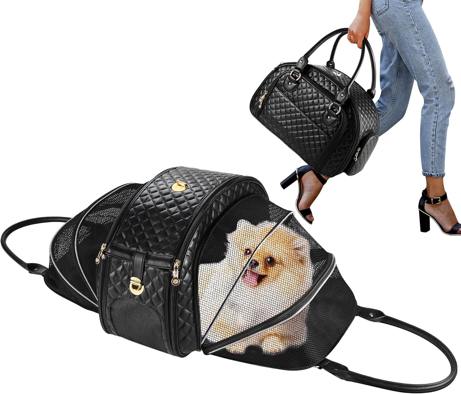 Dog Purse Carrier for Small Dogs, 2-Side Expandable Small Dog Carrier, Holds Up to 10lbs PU leather Pet Carrier, Cat Carrier, Airline Approved Puppy Purse Carrier for Travel (Black, Small Size)