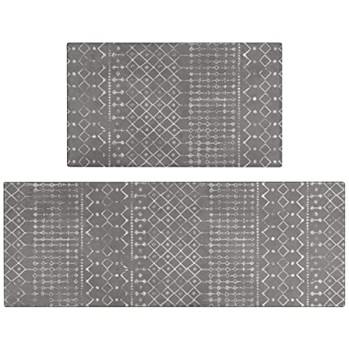 Boho Kitchen Mat Set of 2,Modern Farmhouse Kitchen Rugs and Mats Non Skid Washable,Moroccan Boho Runner Rugs with Rubber Backing for Kitchen Decor and Accessories (Dark Grey 17