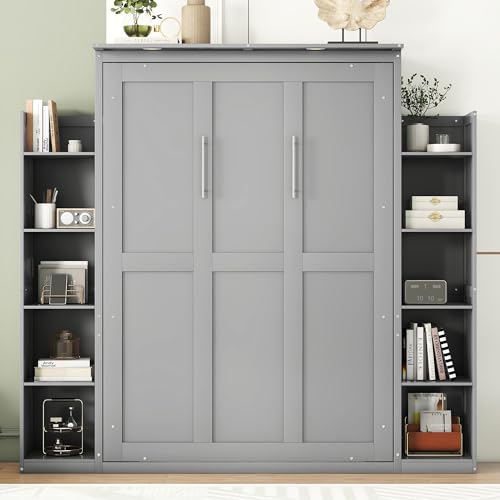 Merax Full Size Murphy Bed, Wooden Full Wall Bed with Shelves and LED Lights, Gray