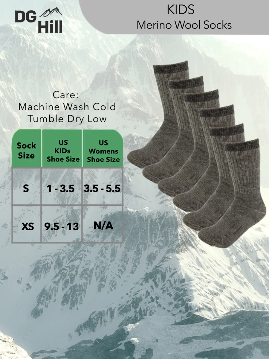 DG Hill 3 Pairs Thermal 80% Merino Wool Kids Socks