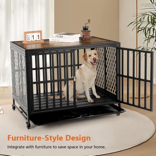 LUCKUP Heavy Duty Dog Crate Furniture for Medium and Large Dogs, Dog Kennel Indoor Dog Cage end Table, Wooden Metal Pet House with Trays, Lockable Wheels 42inch Black