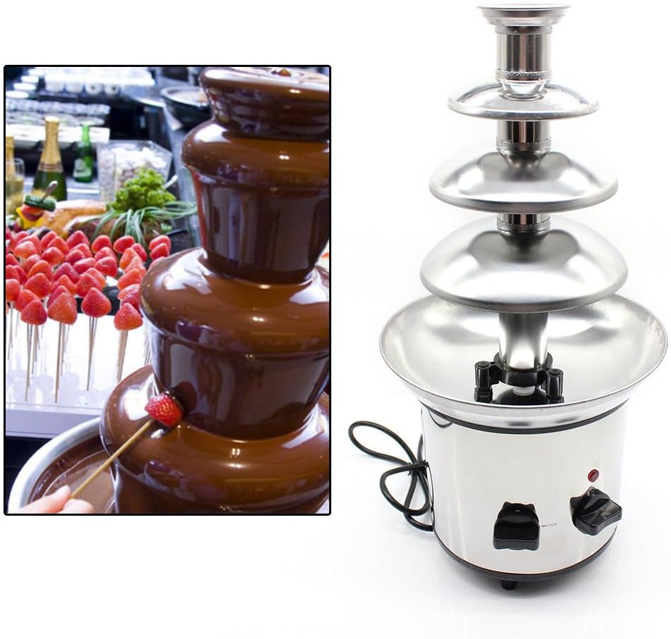 4-Tier Chocolate Fondue Fountain - Electric Stainless Steel Chocolate Melts Dipping Warmer Heated Melting Machine Commercial