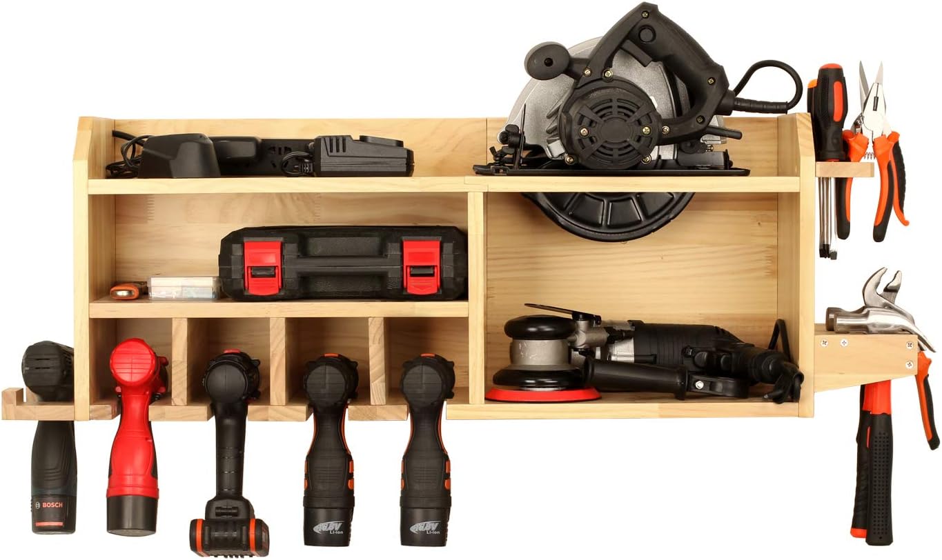 simesove Power Tools Storage, Power Tool Charging Station,5 Drill Hanging Slots, Wall Mount Garage Organizers and Storage with Widen Space for Circular Saw, Impact Wrench, Screwdriver Drill