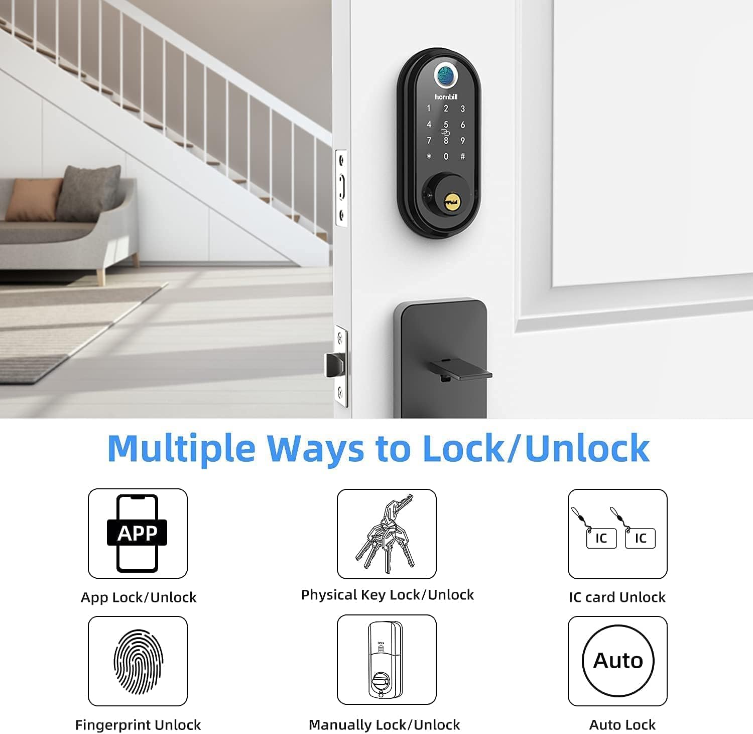 Smart Lock, hornbill 7-in-1 Fingerprint Door Lock, Keyless Entry Door Lock Smart Deadbolt with Touchscreen Keypad, Bluetooth Electronic Digital Lock with App Control for Home Hotel Office