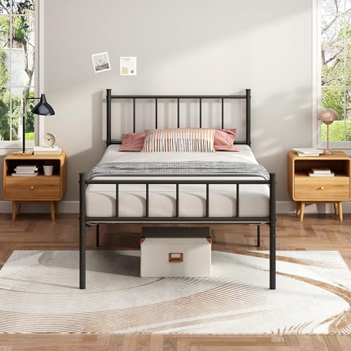 Twin Size Platform Bed Frame - Black Metal Bed Frame Heavy Duty Bed Base with Headboard and Footboard Steel Slat Support No Box Spring Easy Assemble Suitable for Bedrooms