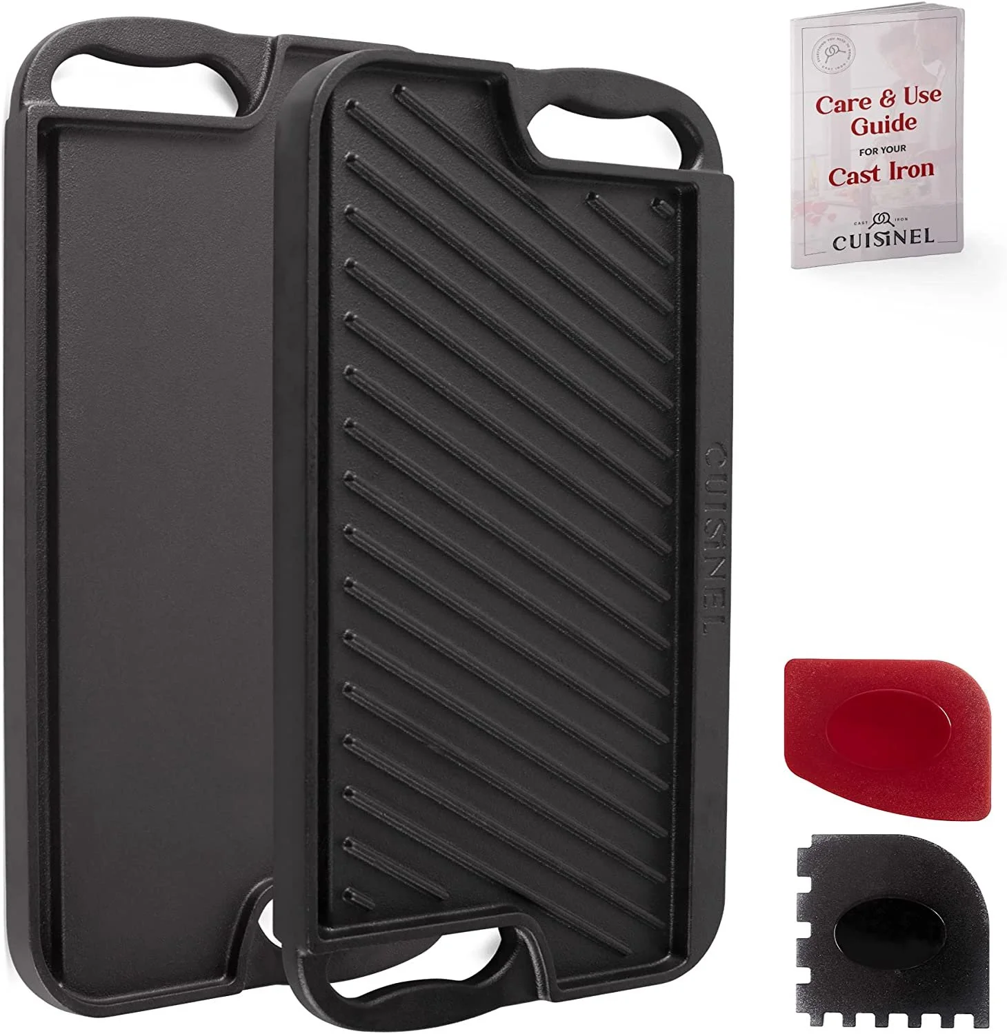 Cast Iron Griddle / Grill + Scraper / Cleaner - Reversible Pre-Seasoned 16.75