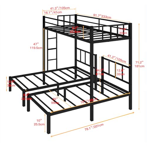 Twin Triple Bunk Bed, Heavy Duty Metal Bunk Bed with Guardrails, Ladder, Detachable Into 3 Twin Beds for Kids, Teens and Adults, Space-Saving Design, No Box Spring Needed, Black