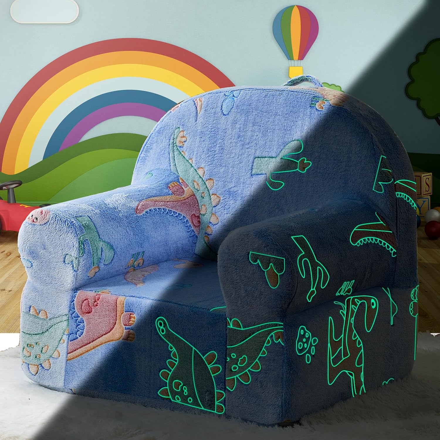 Toddler Chair Sherpa Couch Sherpa Kids Chair, Cuddly Comfy Toddler Plush Chair Toddler Couch Reading Chair for Kids Glow in The Dark Dinosaur