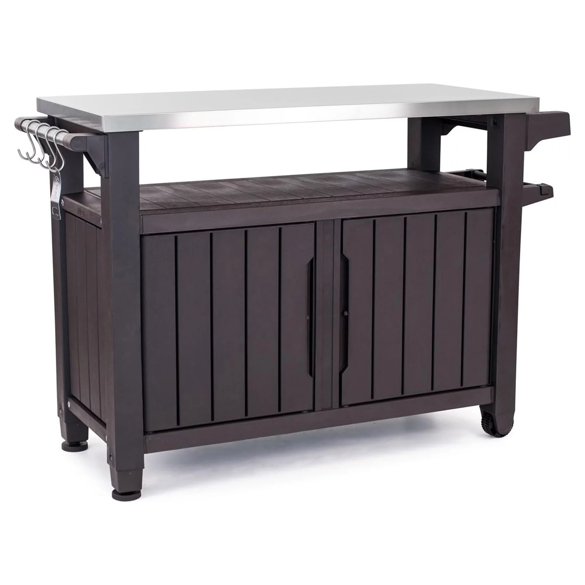 Keter Unity XL Outdoor Kitchen Bar Rolling Cart with Storage Cabinet, Brown
