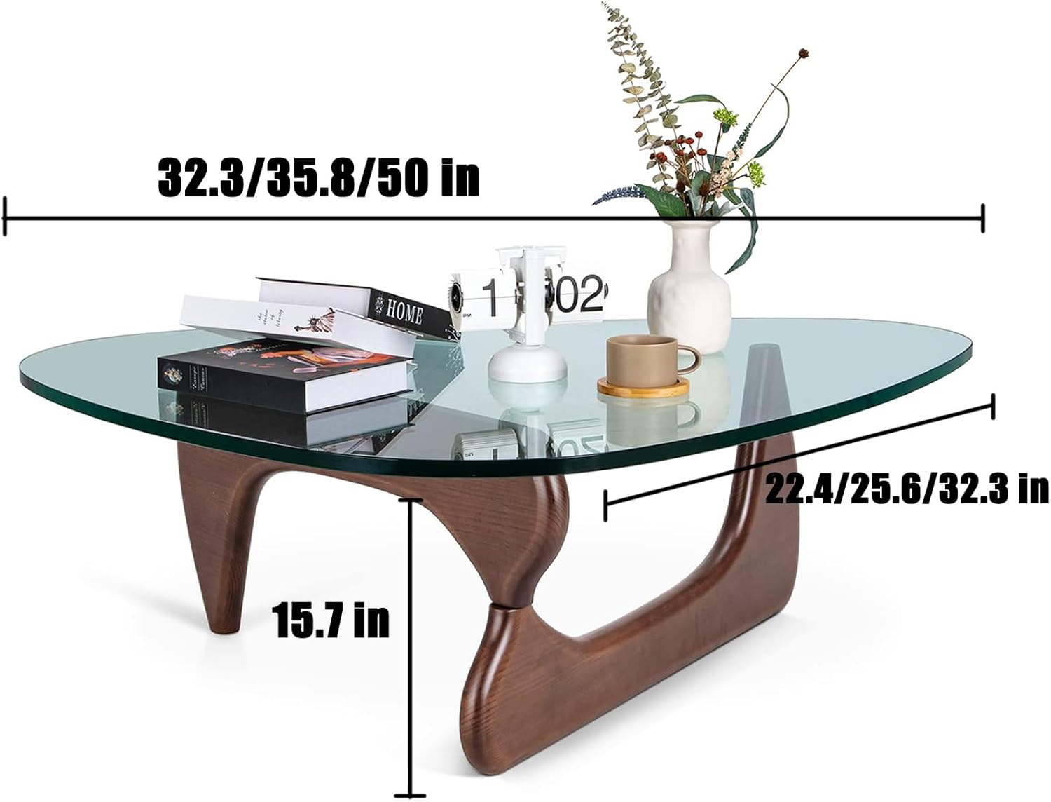 Triangle Glass Coffee Table-Mid-Century Modern End Table Solid Wood Base and Vintage Tempered Transparent Glass Top Coffee Tables Living Room Balcony (32.3 * 24 * 16in, Walnut Teal)