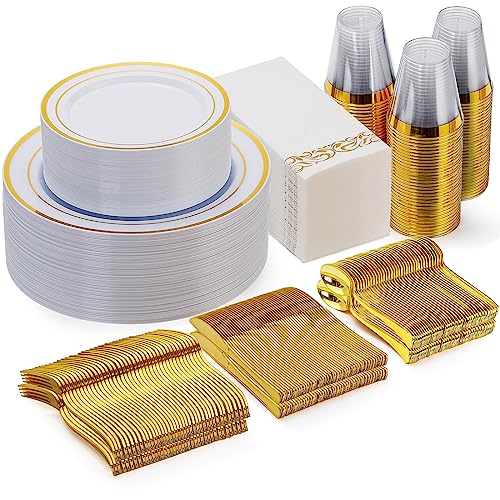 Goodluck 700 Piece Silver Dinnerware Set for 100 Guests, Disposable Plastic Plates for Party, Include: 100 Dinner Plates, 100 Dessert Plates, 100 Paper Napkins, 100 Cups, 100 Silverware set