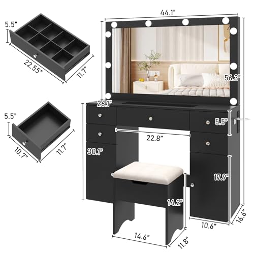 Vanity Desk with Lighted Mirror & Power Outlet, Makeup Vanity Table with 5 Drawers & 2 Cabinets, Large Vanity Set with Stool, Glass Top, Sliding Jewelry Storage Shelves, for Women Girls, Black