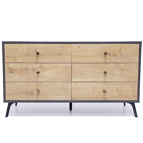 Raveena MAX Chest | Buffet Cabinet with Storage | Sideboard Cabinet | Multifunctional Buffets & Sideboards | Credenza with Six Sliding Drawers | Media Console Table with Storage (Oak, Dark Gray)