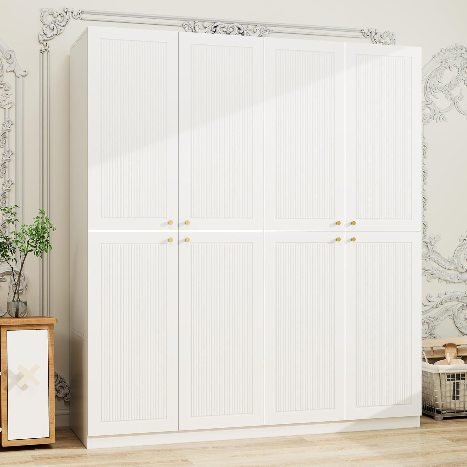 4 Door European Modern Wardrobe, Wood White Armoires with 2 Storage Drawers, Bedroom Armoires Clothes Storage Cabinet with Clothing Rods and Shelves, Bedroom Furniture Wardrobe Armoires