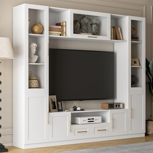 Entertainment Wall Unit for Living Room with Storage Bridge, Modern TV Stand with Glass Doors & Shelves, TV Media Console Table for TVs Up to 70