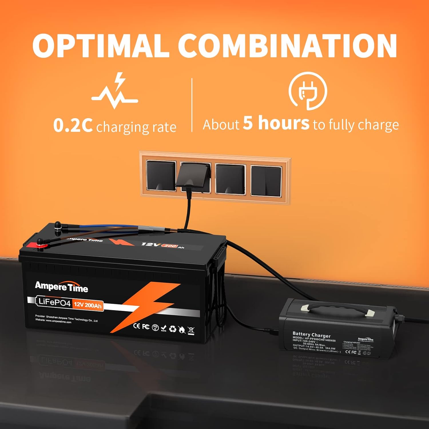 Ampere Time 12V 200Ah LiFePO4 Battery, Built-in 100A BMS, Optimal Product Mix with 14.6V 40A LiFePO4 Battery Charger, 0.2C Charging Rate, Perfect for RVs, Solar, Back-up Power and Off-Grid Application