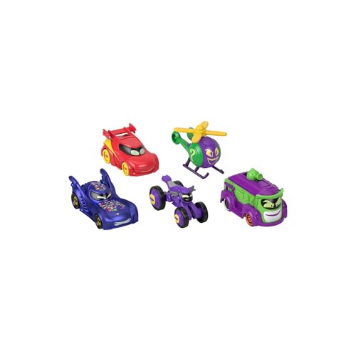 Fisher-Price DC Batwheels 1:55 Scale Toy Cars 5-Pack, Bam Batmobile Redbird Prank Bibi & Quizz, Batcast Metal Diecast Vehicles, Ages 3+
